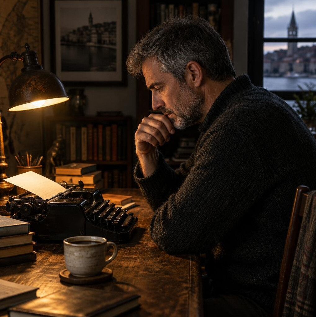 Croatian mystery novelist writing at a wooden desk with a typewriter