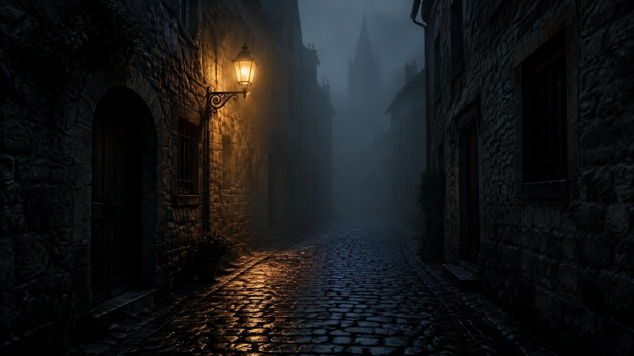 Dark cobblestone alley with a single glowing street lamp in fog