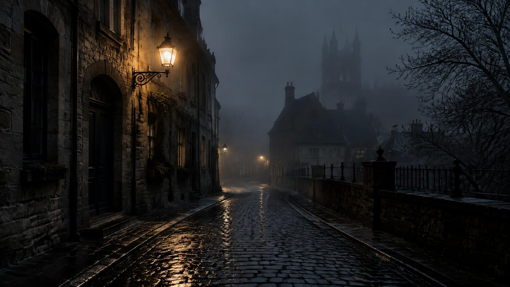 Foggy old European cobblestone street at night with a single lamp