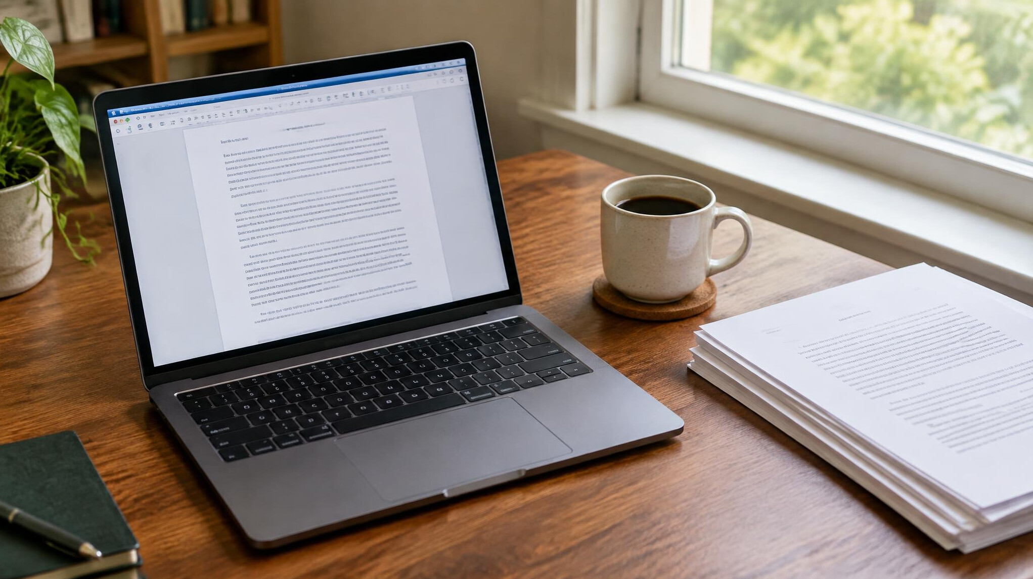 Laptop displaying manuscript pages next to a cup of coffee