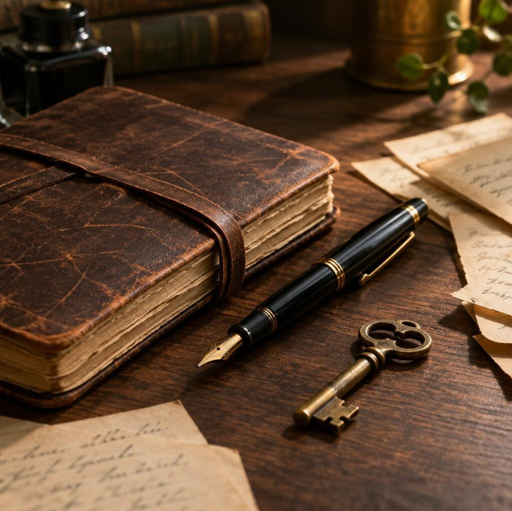 Close-up of a leather notebook, fountain pen and old key on a wooden desk