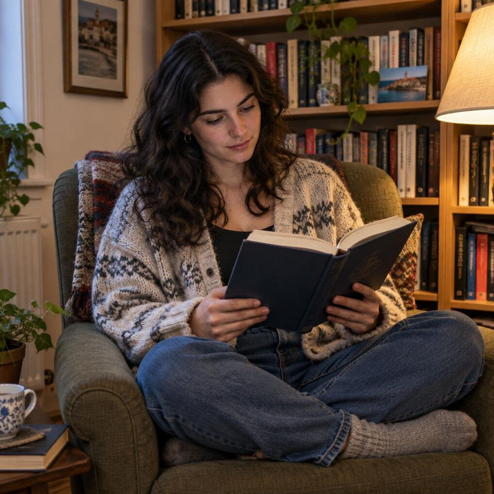 Young woman reading a mystery novel in a cozy library
